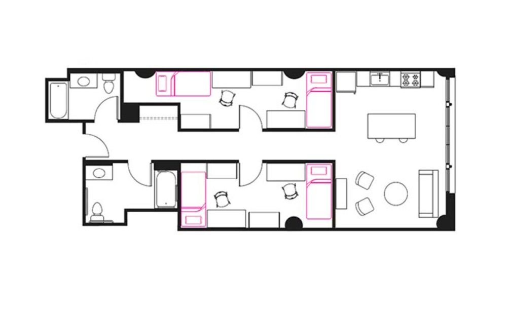 4 Occupants - 1 - 2 bedroom floorplan layout with 2 bathrooms and 1528 square feet